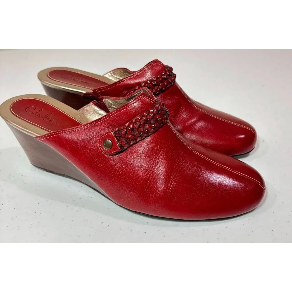 Cole Haan Red Leather Wedge Clogs Mules Shoes Womens 9B Braid Western Boho